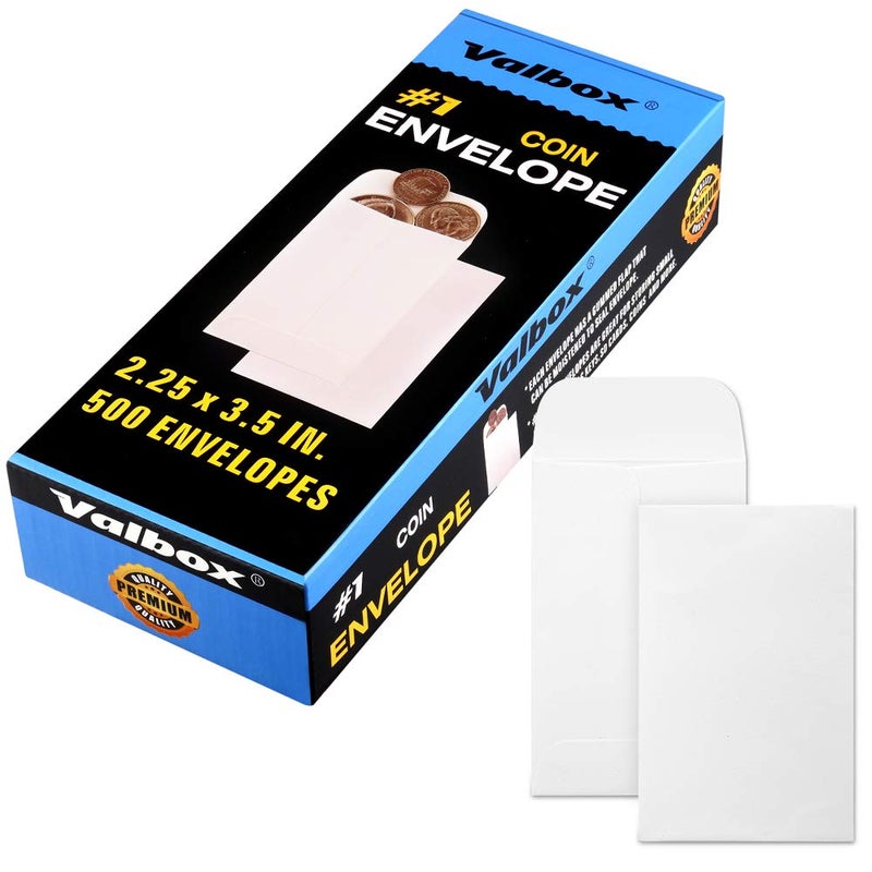 ValBox ظروف عملات ValBox #1 500 قطعة/صندوق 2.25 × 3.5 ظرف أجزاء صغيرة مع لسان لاصق للاستخدام في المنزل أو الحديقة أو المكتب، ظروف بذور كرافت بيضاء - Image 1